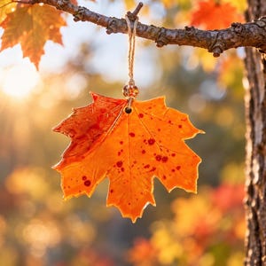 May include: A hanging maple leaf ornament crafted from orange and red material with a glossy finish. The leaf features a small hole at the top, threaded with a thin twine string and a single decorative bead, suspended from a tree branch.