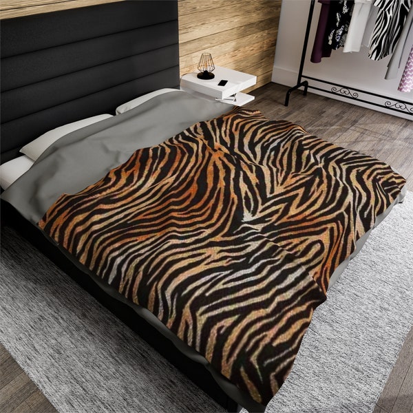 Velveteen Plush Blanket, tiger stripes, tiger print blanket, holiday gift, novelty throw blanket, home accessories, bedroom decor, 3 sizes