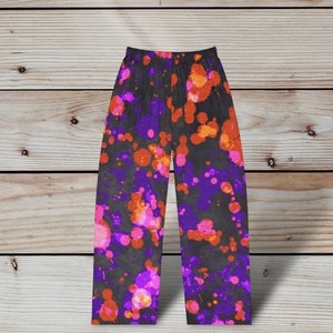 Ladies purple paint splatter pj bottoms, paint  splash pajama pants, summer pjs, women's novelty pj pants, summer sleepwear