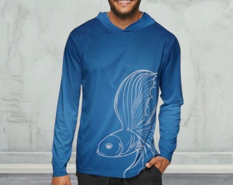 Men's fish Sports Warmup Hoodie, moisture wicking, sun protective, stylish fish pattern, gift for him, mens fashion