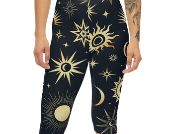 Womens celestial sun and moon Capri Leggings, ladies capris, yoga pants, ladies athleisure, workout gear, ladies casual wear