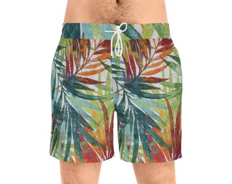 Men's Mid-Length Swim Shorts, tropical leaves, pockets, mens swim trunks, swimwear, beach gear, men swimming shorts, vacation apparel