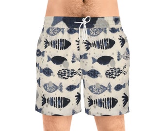 Men's Mid-Length fish Swim Shorts, fishes, mens swim trunks with pockets, swimwear, beach gear, men swimming shorts, vacation apparel