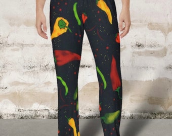 Men's Pajama Pants chili peppers, hot peppers pj pants, novelty lounge pants men, gift for him, funny pepper pajama pants