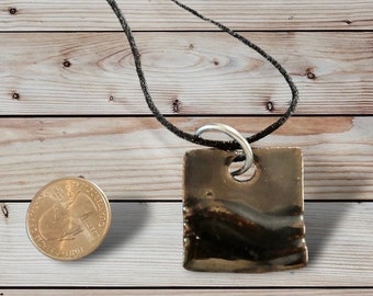 Whimsical Ceramic shiny gray Square necklace pendant, earth inspired, clay jewelry, fashion accessories, kiln fired