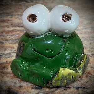 Whimsical Ceramic Frog, garden art, flower pot decor, cottage core frog, fairy garden decor, green frog