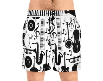 Men's music theme Mid-Length Swim Shorts, musical print, mens swim trunks with pockets, swimwear, beach gear, men swimming shorts