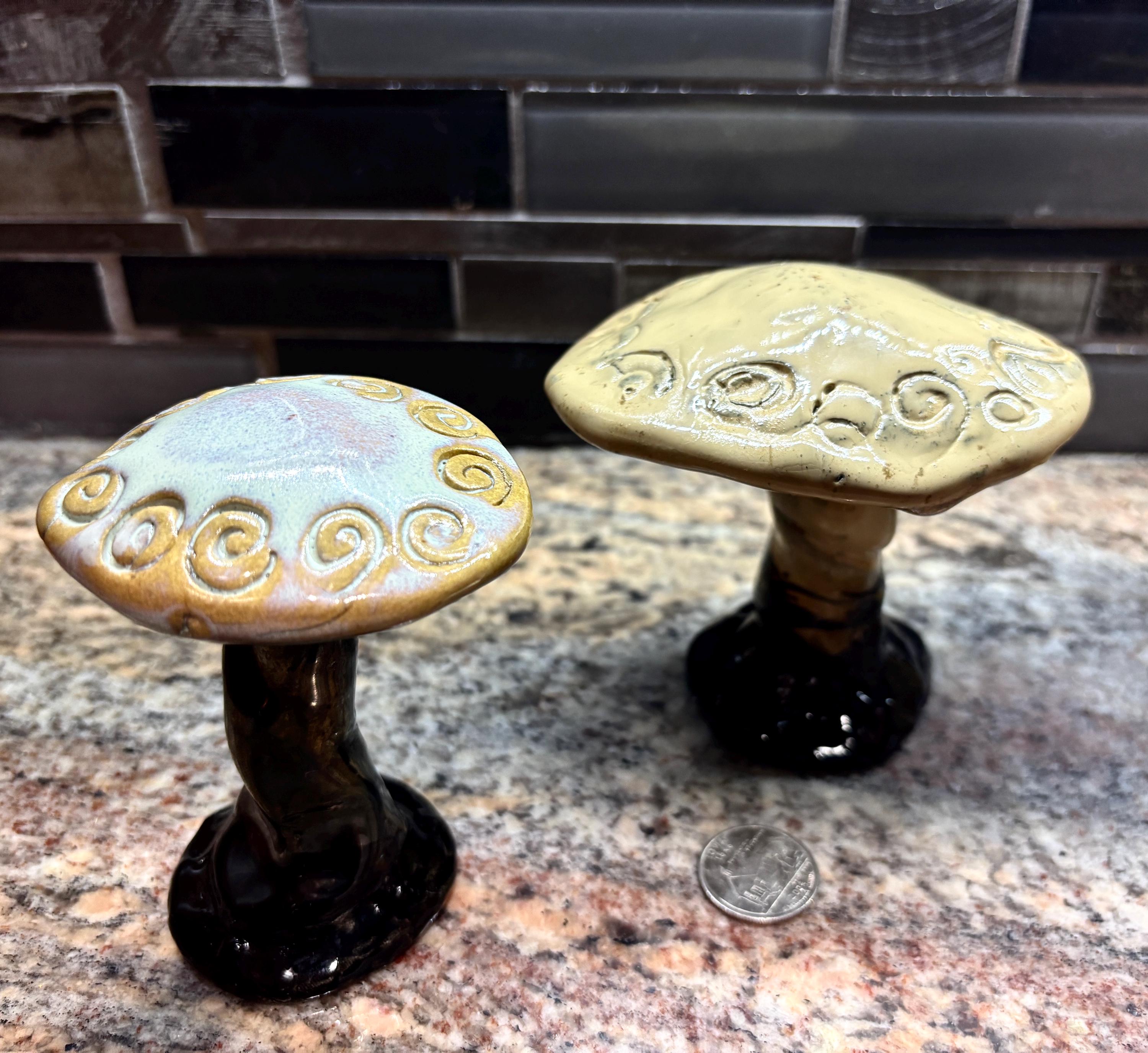 Whimsical Ceramic Mushrooms, set of 2, flower pot decor, cottage core mushroom, fairy garden decor
