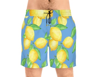 Men's lemons Mid-Length Swim Shorts, lemon print, mens swim trunks with pockets, swimwear, beach gear, men swimming shorts
