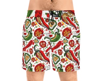 Men's chili peppers Mid-Length Swim Shorts, hot peppers print, mens swim trunks with pockets, swimwear, beach gear, men swimming shorts