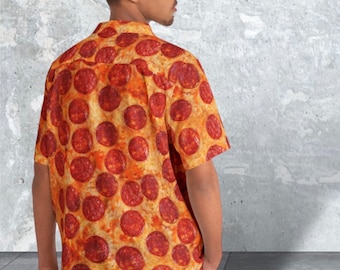 Mens Hawaiian shirt pepperoni pizza, mens funny button down shirt, party shirts, novelty shirt, gag gift for him, mens fashion apparel