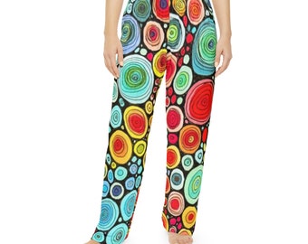 Ladies whimsical circles lounge pants, abstract print pj pants, womens funny pj bottoms, ladies sleepwear