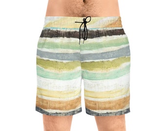 Men's stripes Mid-Length Swim Shorts, watercolor stripes, mens swim trunks with pockets, swimwear, beach gear, men swimming shorts