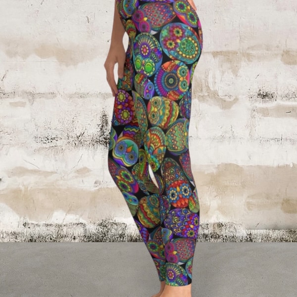 Soft Stretchy Leggings colorful mandala owls, yoga pants, womens athleisure, sport, gym apparel, novelty leggings, funky owls