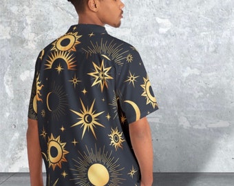 Mens Hawaiian sun moon, celestial mens button down shirt, party shirts, mens novelty shirt, gift for him, mens fashion apparel