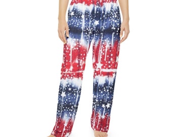 Ladies tie dye print patriotic lounge pants, USA flag themed pj pants, womens funny pj bottoms, ladies sleepwear