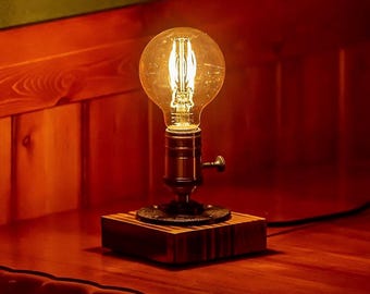 Handmade Steampunk Edison Lamp – Reclaimed Gear Industrial Table Lamp