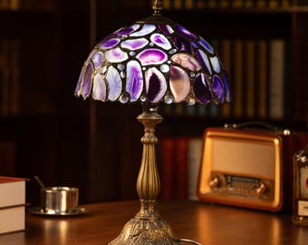 Vintage Purple Stained Glass Table Lamp Antique Style Bedside Desk Light Handmade Mosaic Accent Victorian Home Decor Housewarming Bday Gift