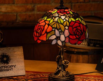 Crimson Harvest Glow Table Desk Lamp, Handcrafted Stained Glass Shade, Vintage Style Base Perfect Holiday Gift Home Office Desk Decor
