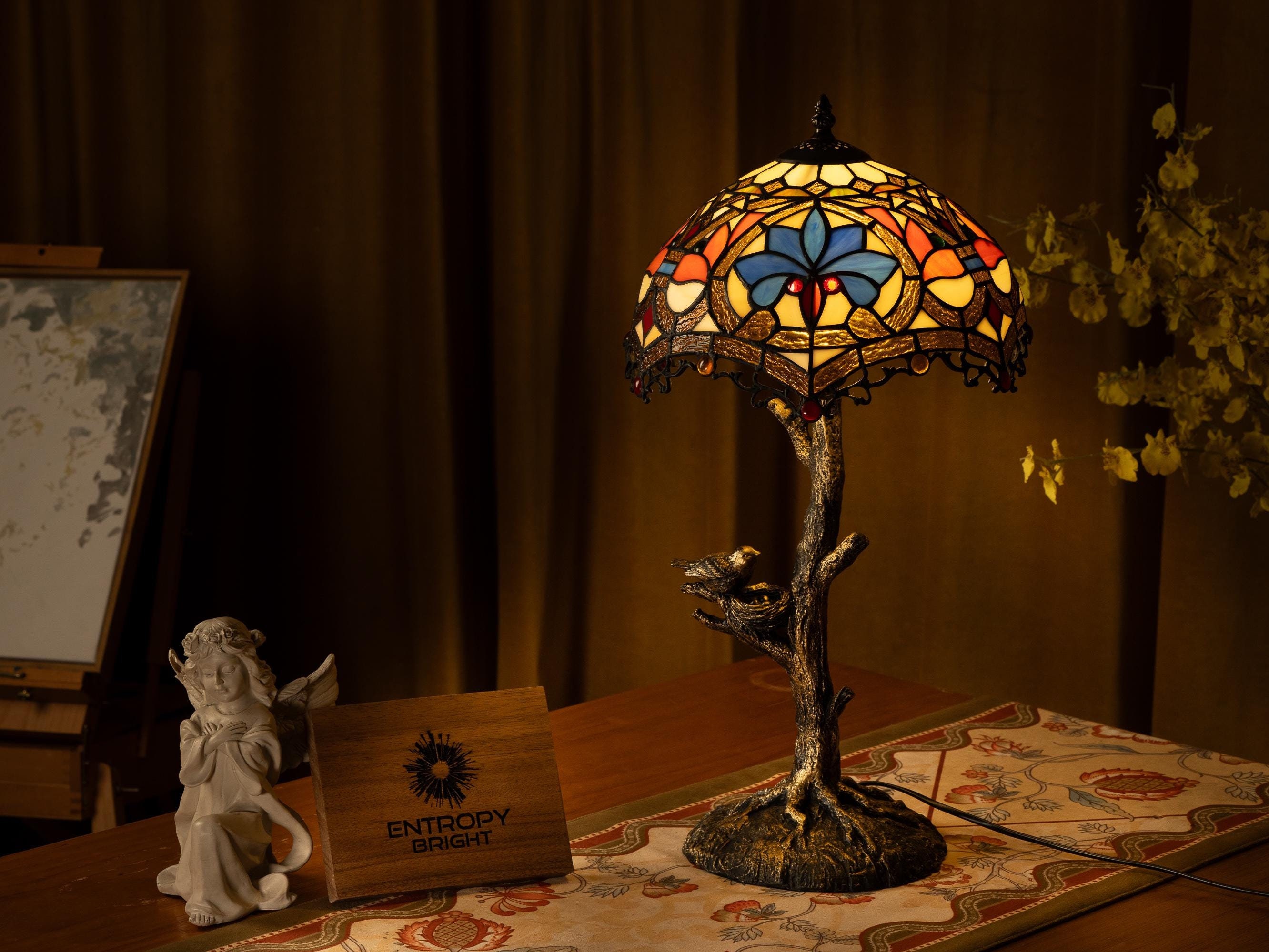 Tiffany Table Lamp Blue Petal Grove with Stained Glass Shade, Handcrafted Farmhouse Style Lamp Christmas Holiday Gift Unique Home Desk Decor