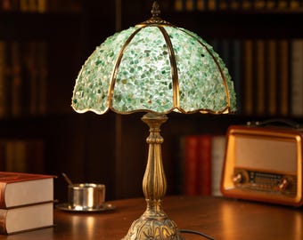 Vintage Mosaic Table Lamp Handcrafted Glass Shade Gold Base Victorian Decor Gift for Office Library Study Room Antique Style Light for Boss