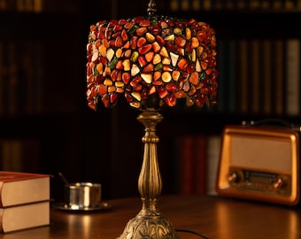 Vintage Gemstone Table Lamp – Handmade Retro Desk Light with Colorful Stone Shade, Antique Bronze Base, Boho Home Decor Housewarming Gift