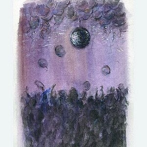 Op de afbeelding: Een aquarel schilderij dat een menigte mensen toont die dansen onder een paarse lucht. Een grote discobal hangt in het midden van het schilderij, omringd door kleinere, gloeiende bollen. Het schilderij is getiteld "De Nacht van 500 Leotard Dansers."