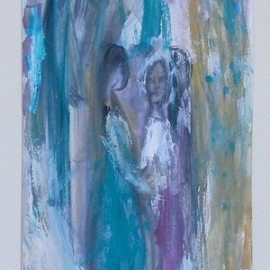 May include: Abstract painting in a blue and teal color palette, framed in a blue and silver frame. The artwork depicts figures within an archway, with brushstrokes creating a sense of movement and depth. The painting is mounted with a white mat.