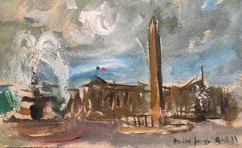 1947 Paris Along the Seine Original Vintage Gouache Watercolor by Andre Joseph Grill