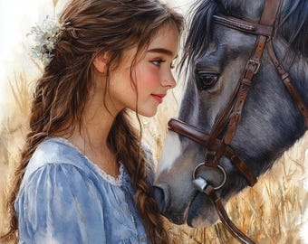 Girl and horse clipart watercolor style art digital download equestrian illustration printable kids room soft pastels animal graphic designs