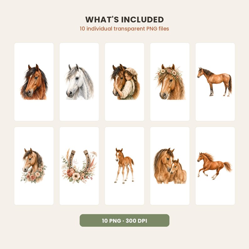 May include: A digital collection of 10 individual transparent PNG files featuring watercolor illustrations of horses. The set includes portraits of brown and white horses, a person embracing a horse, a horse with a floral crown, and a horseshoe.