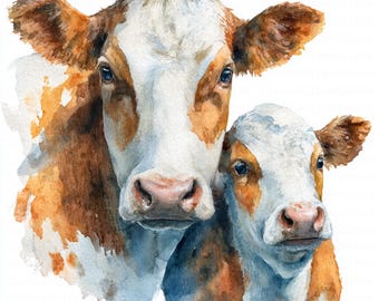Cow and calf watercolor clipart farm animal art digital download rustic farm illustration printable nursery decor country farmhouse design