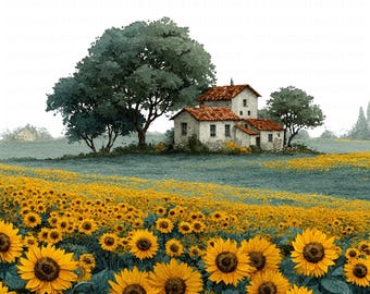 Sunflower field art print summer floral illustrations digital download bright yellow blooms landscape printable wall decor rustic farmhouse