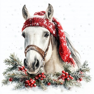 Watercolor Christmas Horses Clipart: 5 JPGs, Card Making (Digital Download)