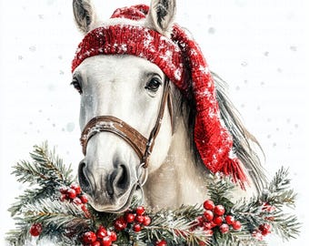 Watercolor christmas horse clipart holiday card making digital download festive illustration winter printable card design equestrian graphic