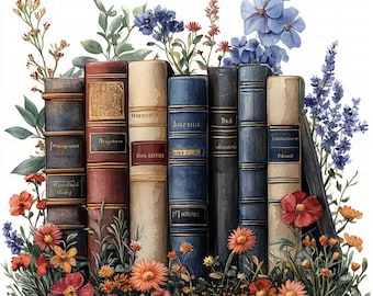 Floral books clipart vintage book graphics digital download antique literature illustration botanical printable shabby chic journal design
