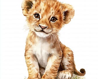 Lion cub watercolor clipart safari animal illustration digital download baby jungle animal printable nursery decor kids room  graphic design