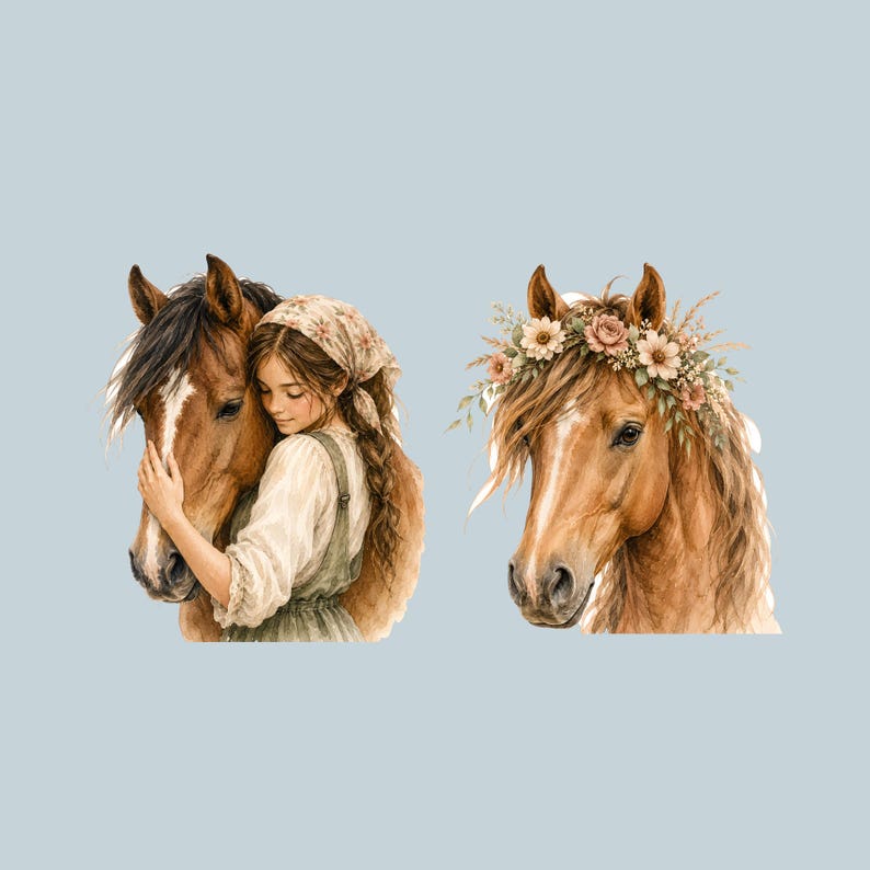 May include: A digital illustration featuring two distinct subjects: a person with a braided hairstyle and headscarf embracing a brown horse, and a second brown horse adorned with a floral crown of light-colored flowers and green foliage.