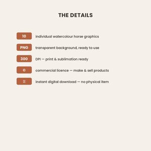 May include: A digital product information graphic titled THE DETAILS. It lists 10 individual watercolor horse graphics, PNG transparent background, 300 DPI print and sublimation ready, commercial license, and instant digital download, no physical item.