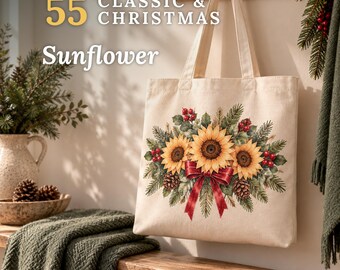 55 PNG Watercolor Sunflower Clipart Bundle Classic Christmas Xmas Holiday Floral Transparent Background Commercial Use Sublimation Craft Art