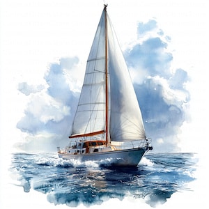 Watercolor Sailboat Clipart: Nautical Art Prints (5 JPG Digital Download, 5000x5000 px)