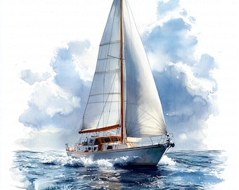 Watercolor sailboat clipart nautical art jpgs digital download coastal illustration ocean printable beach decor marine design graphic