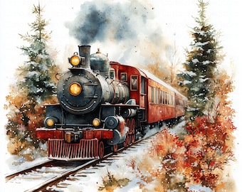 Holiday Winter Train Digital Download Festive Watercolor Vintage Style Illustration Clipart Snow Steam Train Christmas Vibe Digital Download