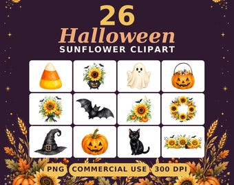 26 PNG Halloween Sunflower Wedding Clipart Bundle Watercolor Floral Transparent Background Rustic Invitations Commercial Use Spooky Art