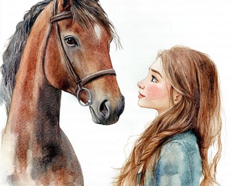 Watercolor girl and horse clipart nursery art print 5 jpgs digital download equestrian illustration printable kids decor soft graphic design