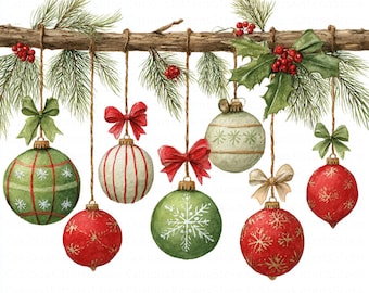 Watercolor Christmas ornament clipart holiday decor jpg digital download festive bauble illustration winter printable tree decoration design