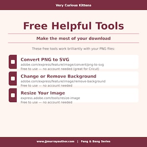 May include: A digital informational graphic titled Very Curious Kittens Free Helpful Tools. It lists three online resources for PNG files: Convert PNG to SVG, Change or Remove Background, and Resize Your Image, including URLs and usage notes.