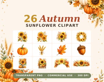 26 PNG Fall Sunflower Bundle for Shirts Watercolor Sunflower Clipart Transparent Background Print on Demand Commercial Use Fall Floral Sunny
