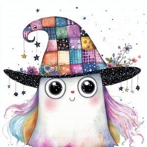 May include: A whimsical illustration of a friendly ghost-like creature wearing a patchwork witch hat adorned with flowers and hanging stars. The creature has large, expressive eyes and rainbow-colored hair, creating a charming and magical aesthetic.