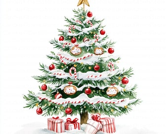 Watercolor candy christmas tree clipart junk journal paper digital download festive scrapbook printables sweet holiday collage winter design